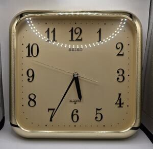 Vintage Seiko Quartz Wall Clock Square Gold Chrome Boader Works.